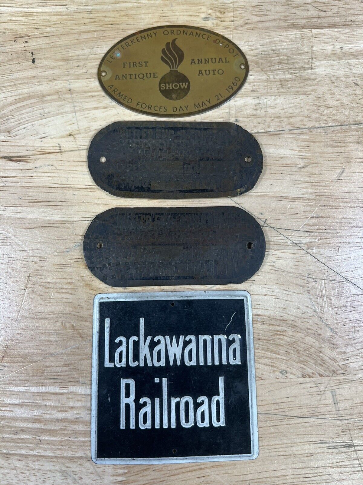 Vintage Lot Of 4 Collectible Brass/tin Plaques Automobile Railroad Butler 