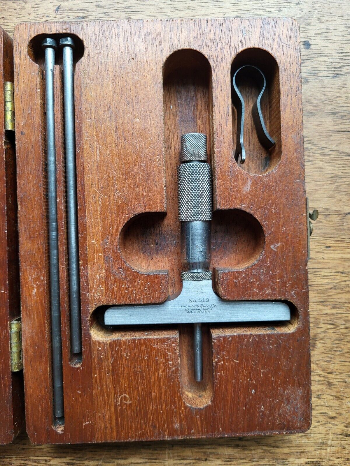 Vintage Lufkin Rule No. 513 Micrometer Depth Gage w/Wood Box Machinist Tool USA