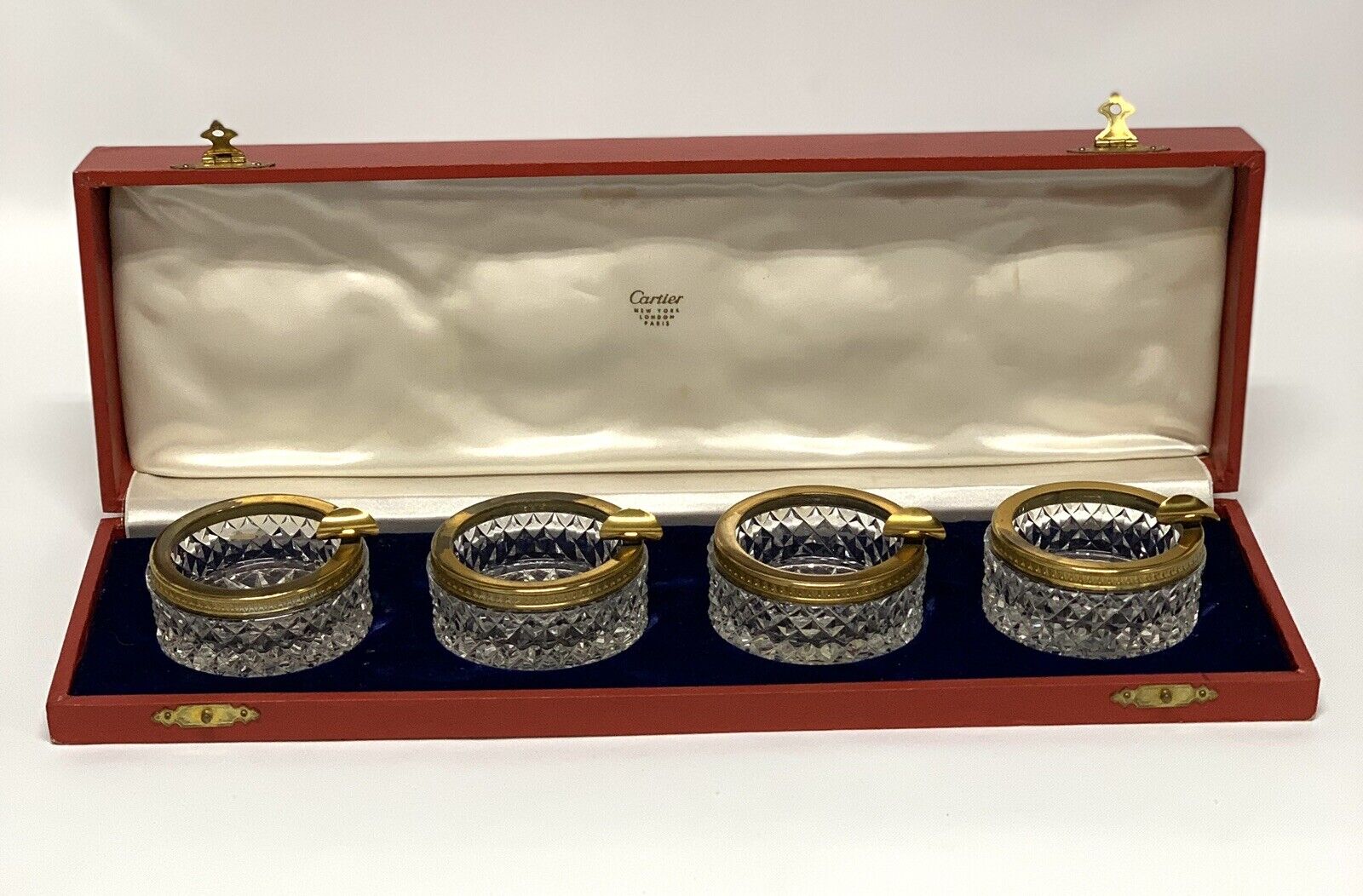 Cartier Diamond Cut Crystal Ashtray Gold Tone Top Set Of 4 Original Box READ