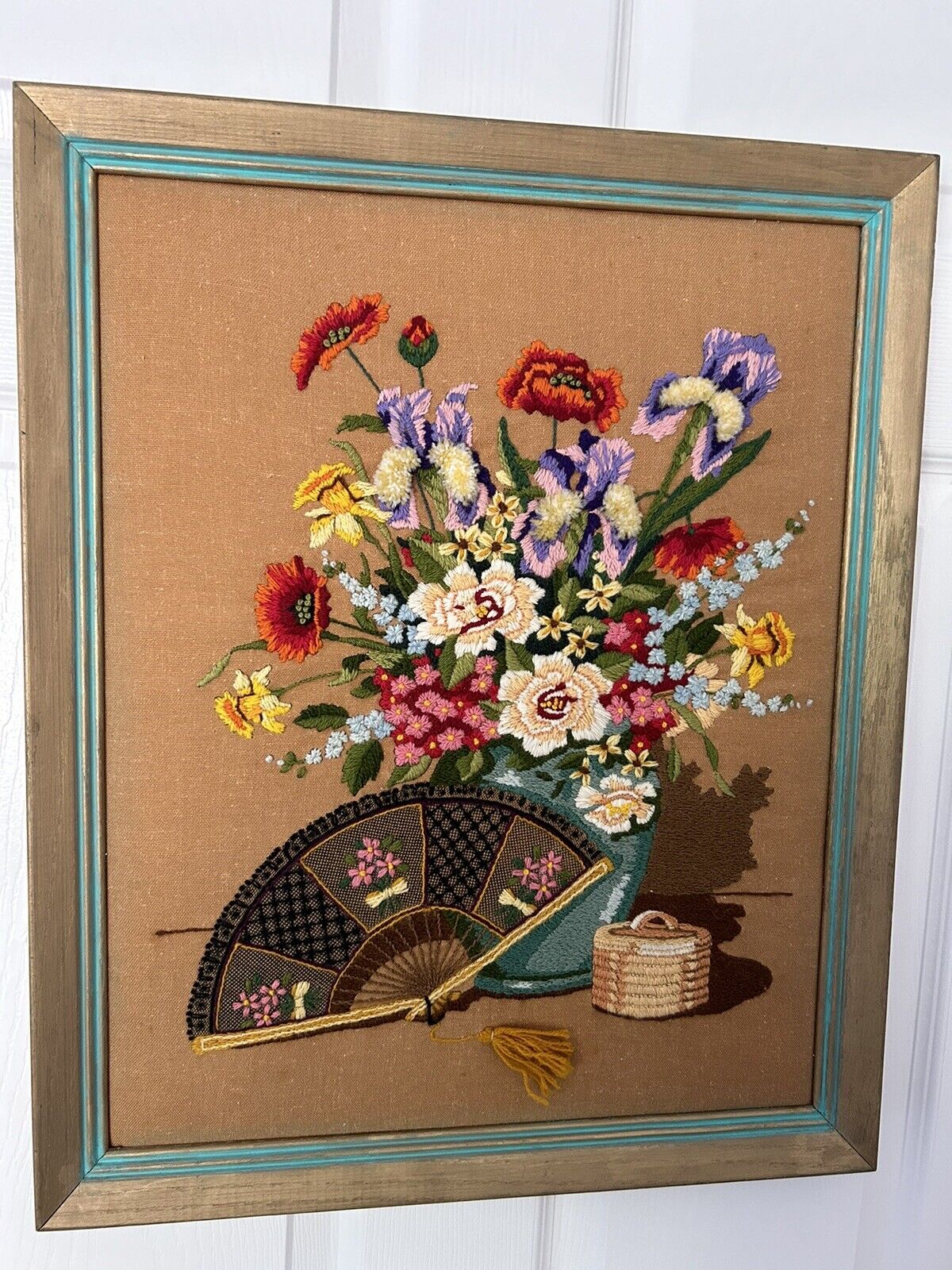 Vintage Sunset Stitchery FAN AND FLOWERS Framed Finished Crewel Needlepoint