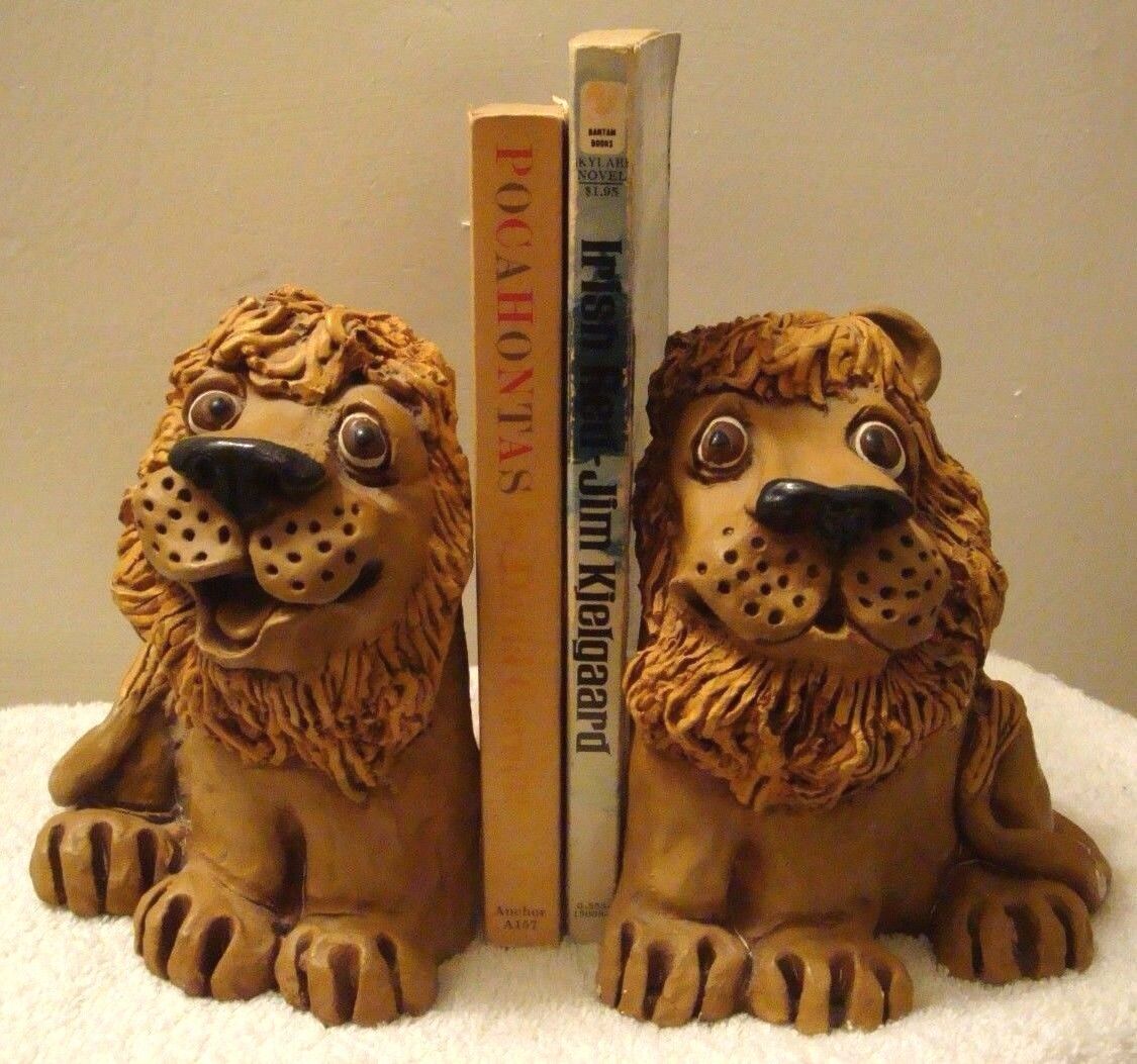 Pair Vintage 1978 Dave Grossman Lion Clay Sculpture Bookends Handmade Signed