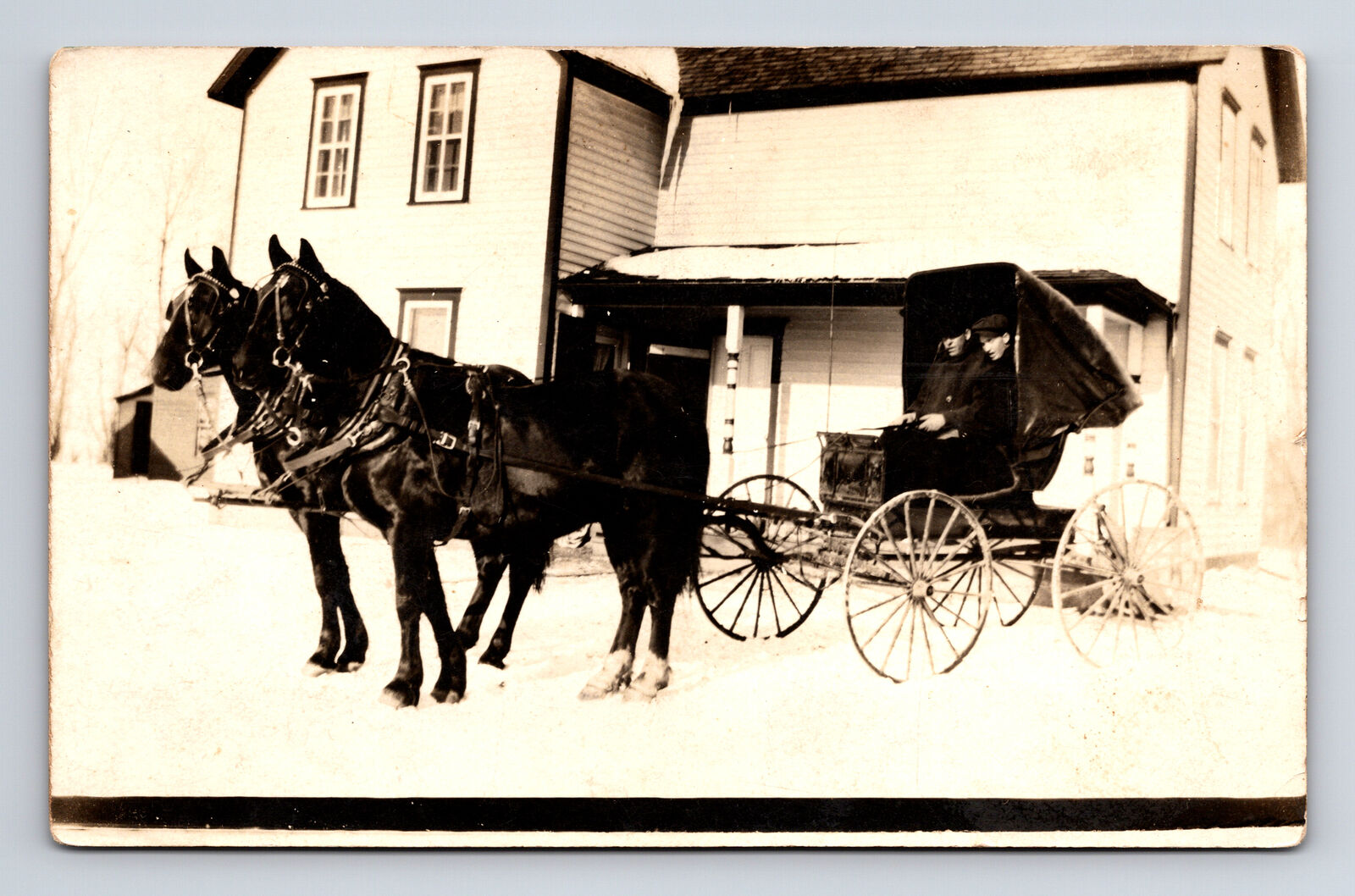 RPPC Two Men in Suits Two Horse Buggy Carriage Coach House Real Photo Postcard