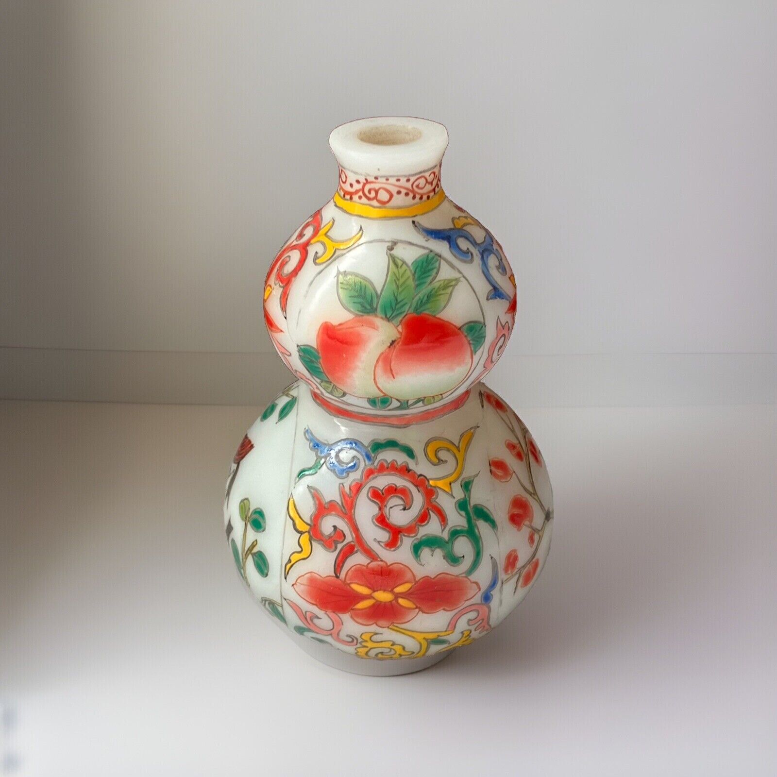 VTG Chinese Peking Glass Double Gourde Snuff Bottle, Birds, Peach & Flowers