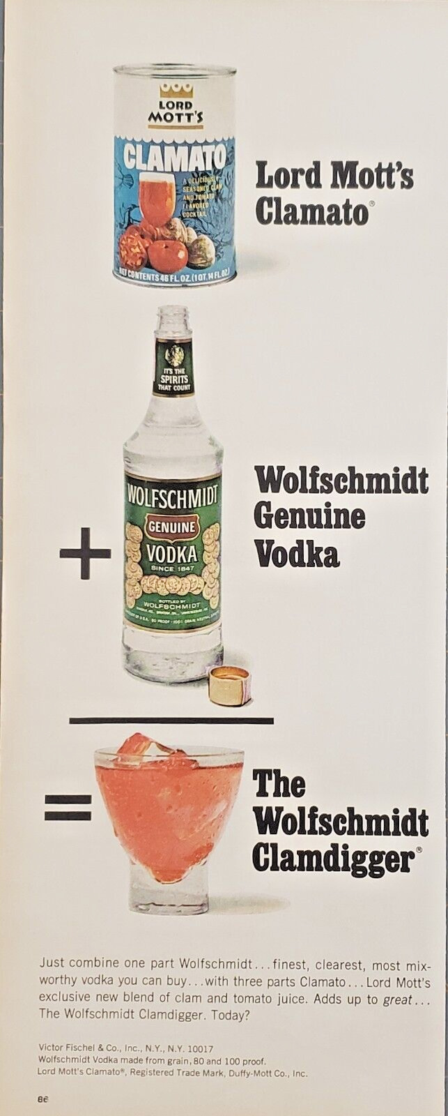 1969 Lord Mott\'s Clamato Cocktail Make Wolfschmidt Clamdigger Beverage Print Ad