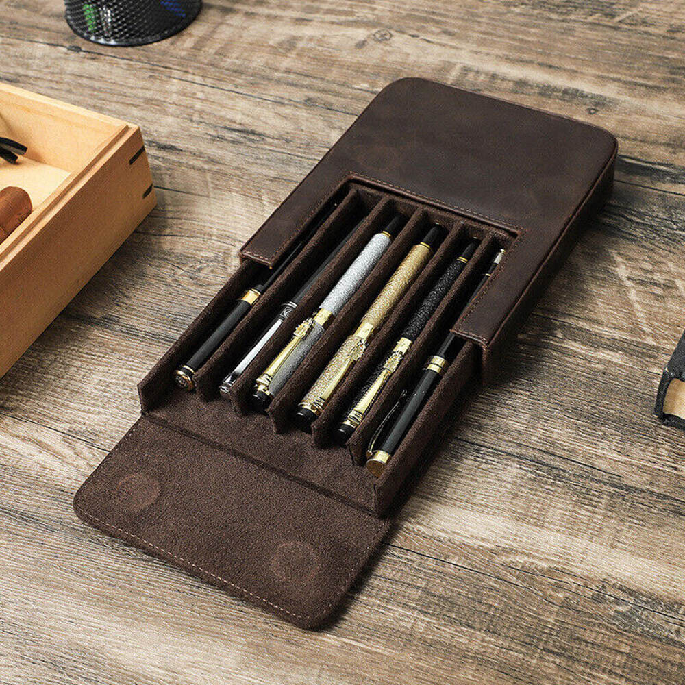 1X Vintage Genuine Leather Pen Case Office Pencil Holder Pens Organizer Bag USA