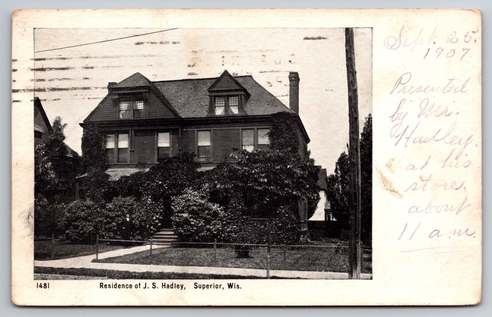 Residence of J.S. Hadley Superior Wisconsin WI 1907 Postcard