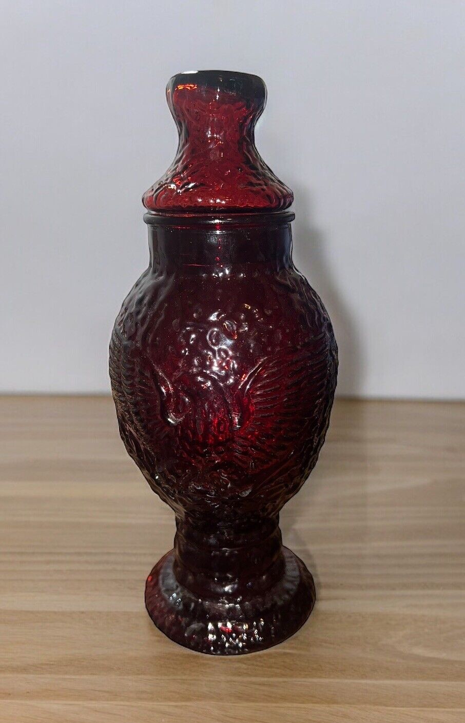 Vintage Wheaton Ruby Red Glass Apothecary Jar Lidded Eagle Embossed 9 3/4” MCM