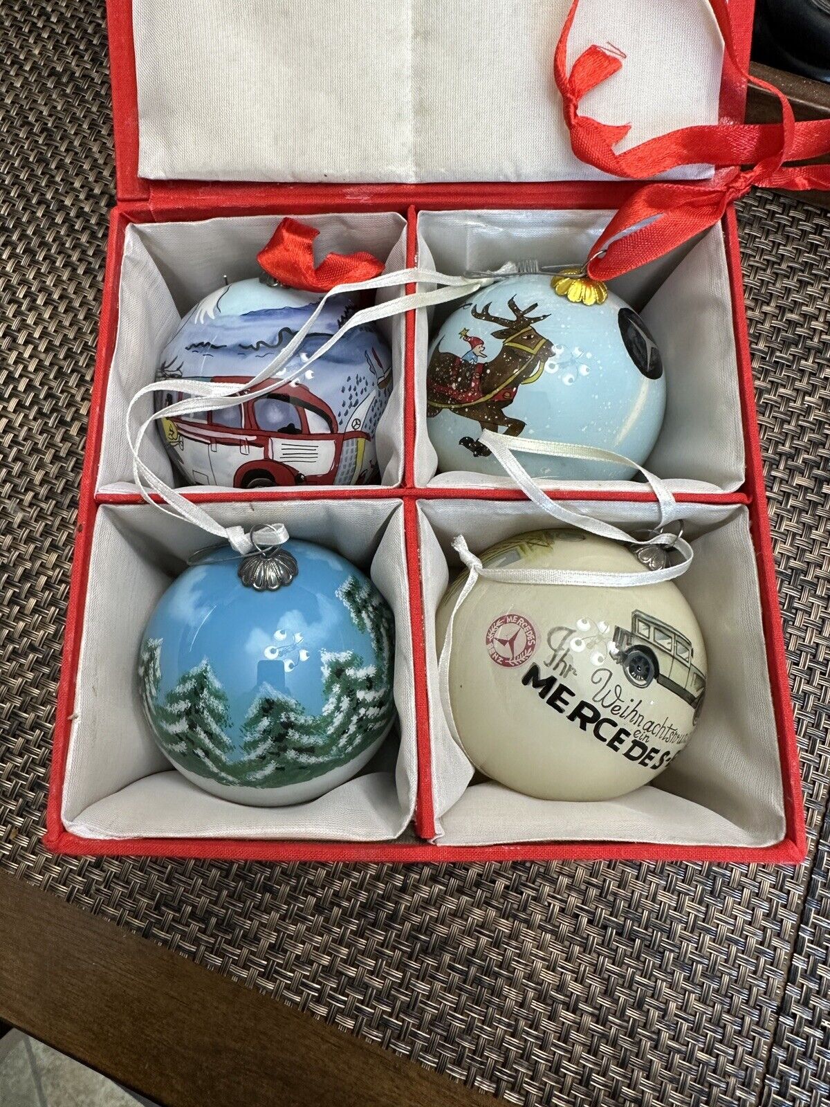 MERCEDES-BENZ Reverse Painted Glass Christmas Ornaments  total 4