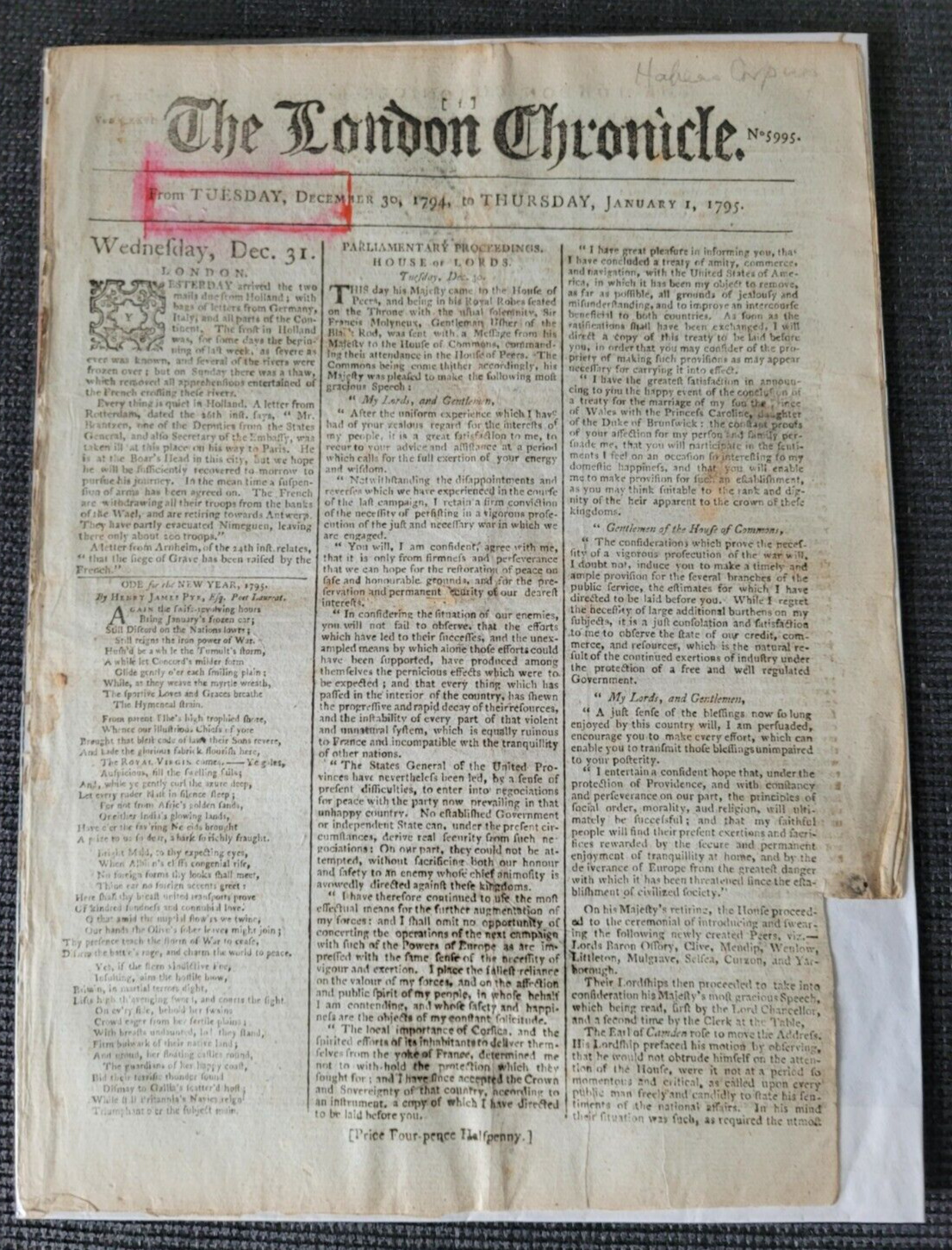 THE LONDON CHRONICLE HOUSE OF LORDS 1ST JAN 1794 ORIGINAL A4 NEWSPAPER