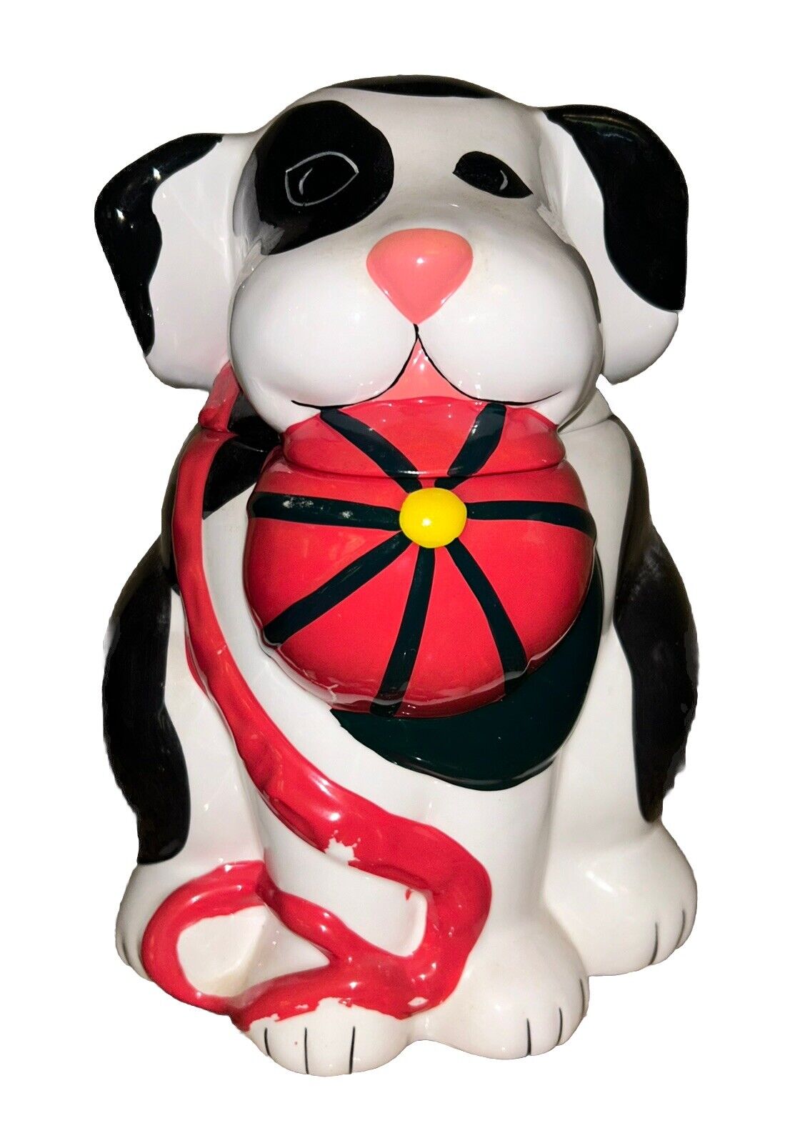 Vintage Ceramic Puppy Dog Cookie Jar Spotted Black/White 9.5” Tall Cute Adorible