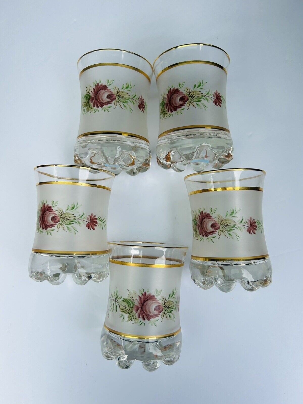 Vintage Interpur Lot Of (5) Medium Size Cocktail 8oz Frosted Flower Gold Accents