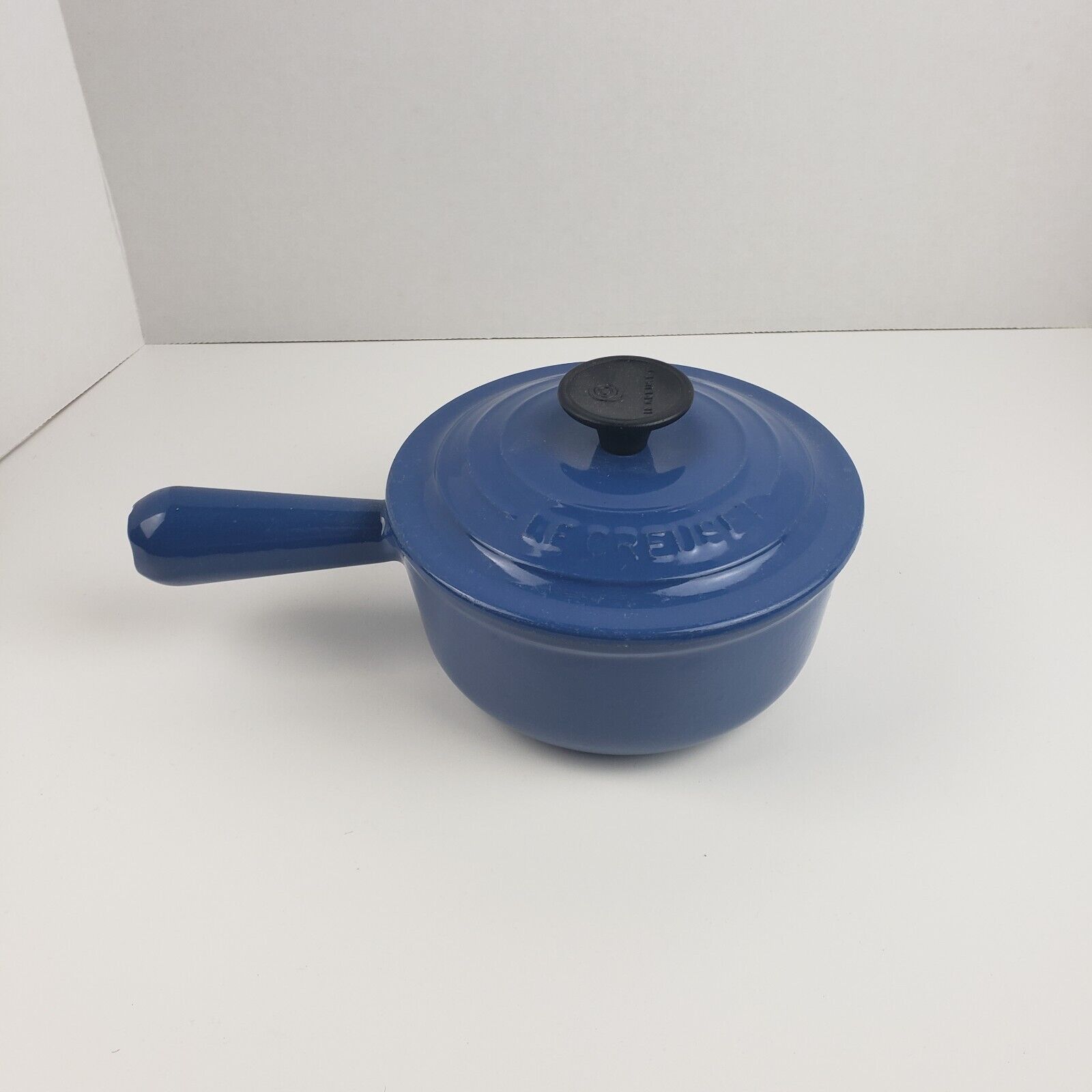 VINTAGE Le Creuset Enamel Cast Iron #16 Pot Sauce Pan W/ Lid Blue Hollow Handle