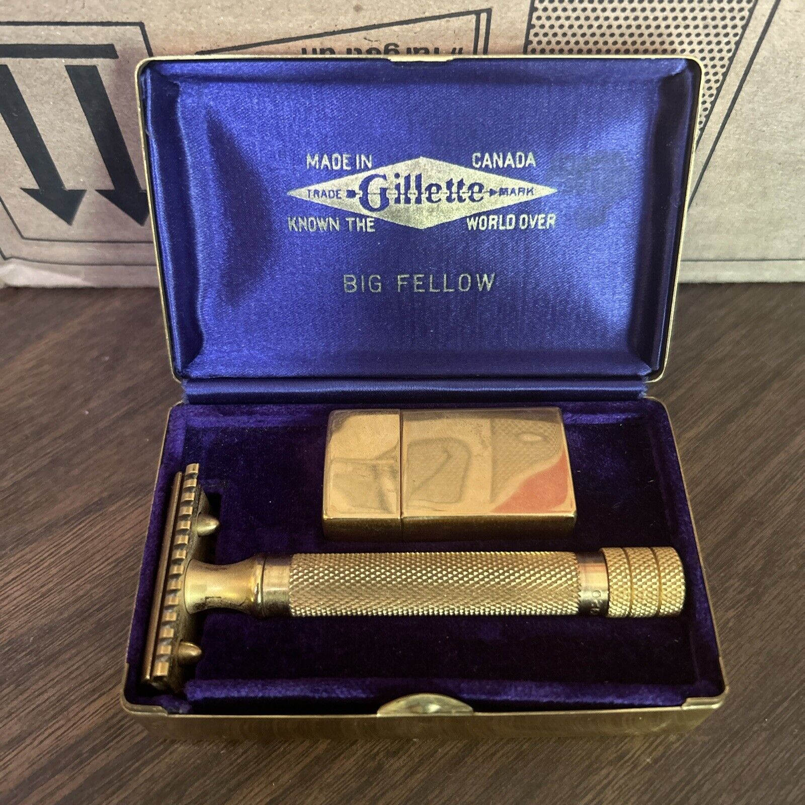 1920s Gillette Big Fellow Gold Safety Razor w Blades & Case Excellent Condition