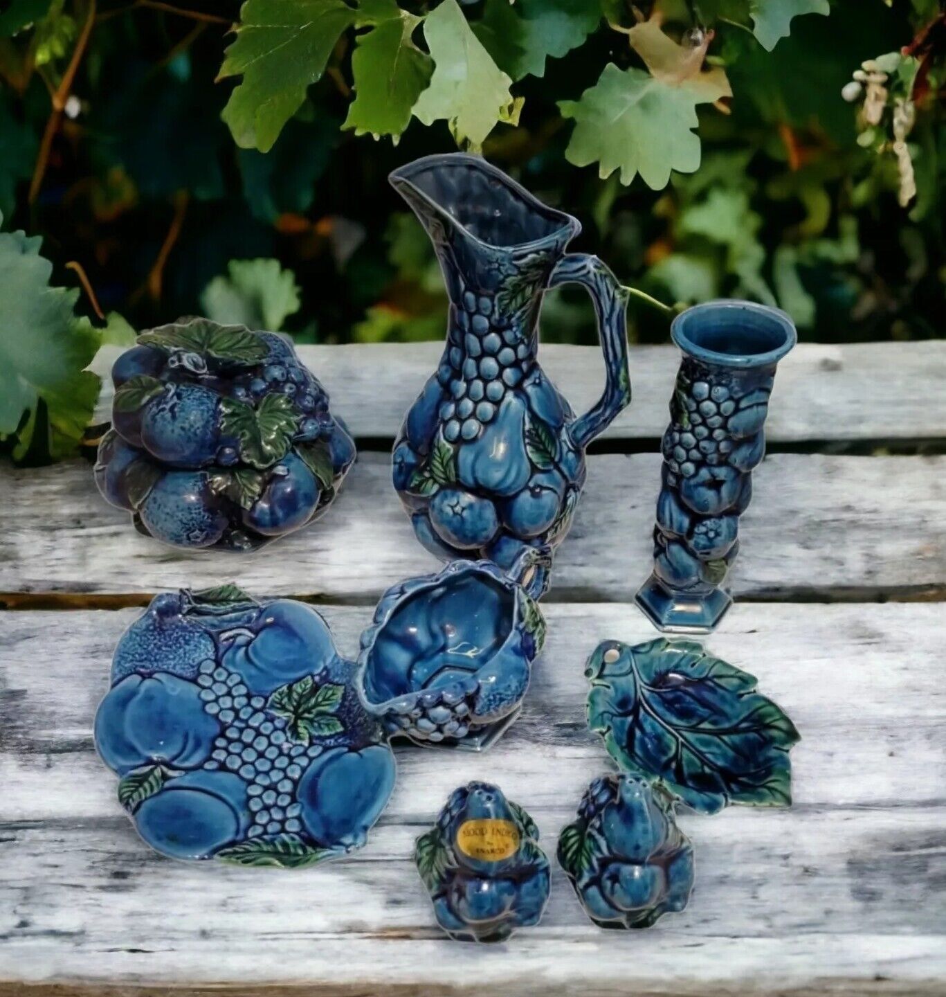 Vintage Japan Blue Pottery Inarco Mood 8 Pc. Mid-century Kitchen Glazed Fruit 