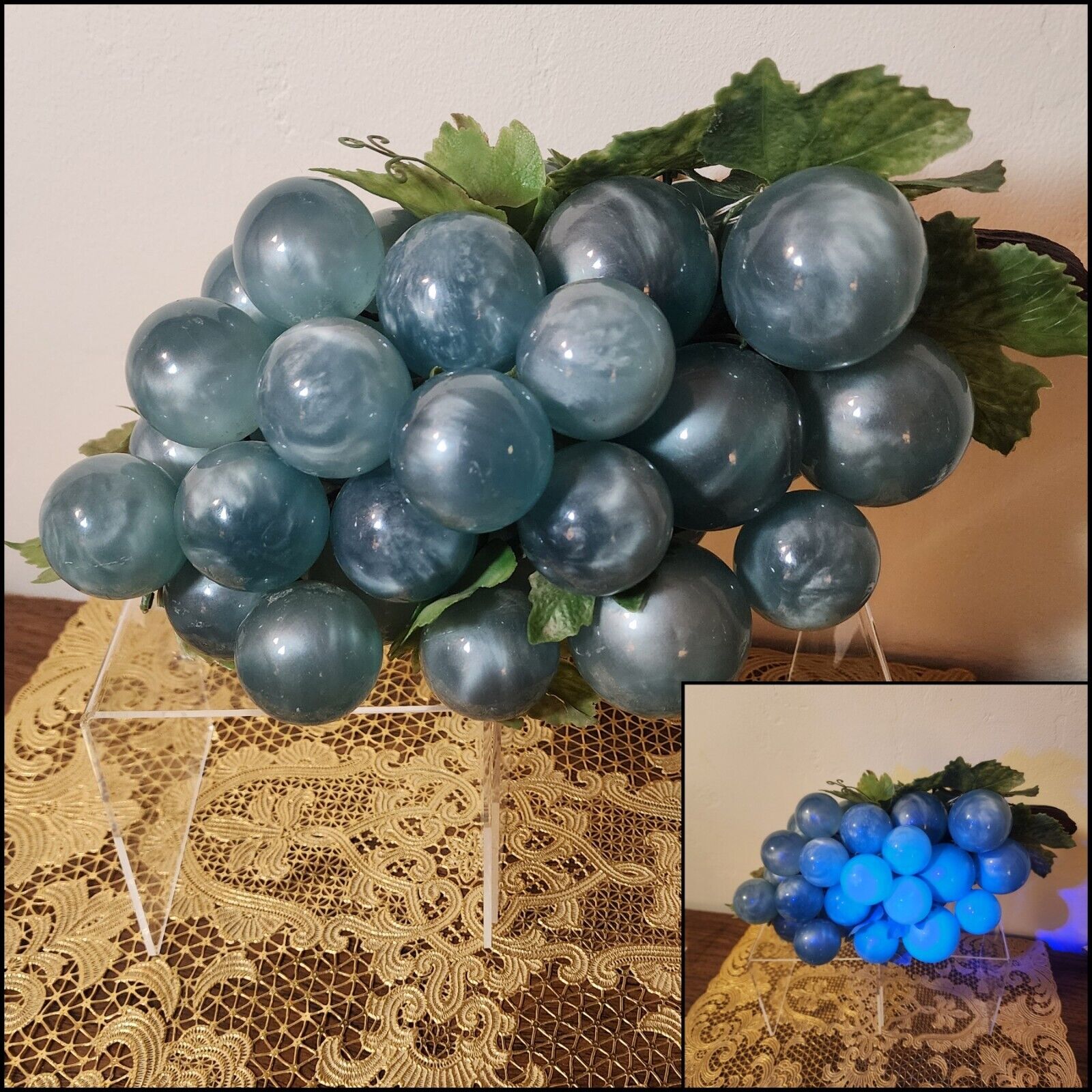 Vtg Huge Blue Moonglow Lucite Grape Cluster - Pearlized - UV Reactive 
