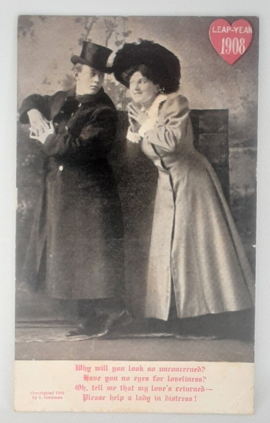 Leap Year Post Card 1908 I Grollman RPPC Lady In Distress Edwardian Greeting