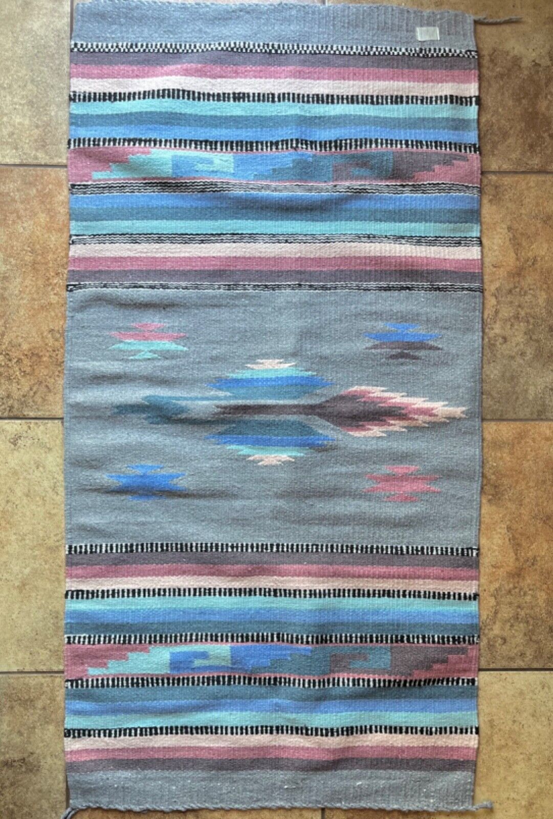SOUTHWEST 57” x 28” Rug Gray W/ Light Blues & Pinks Wool Blend Native American 