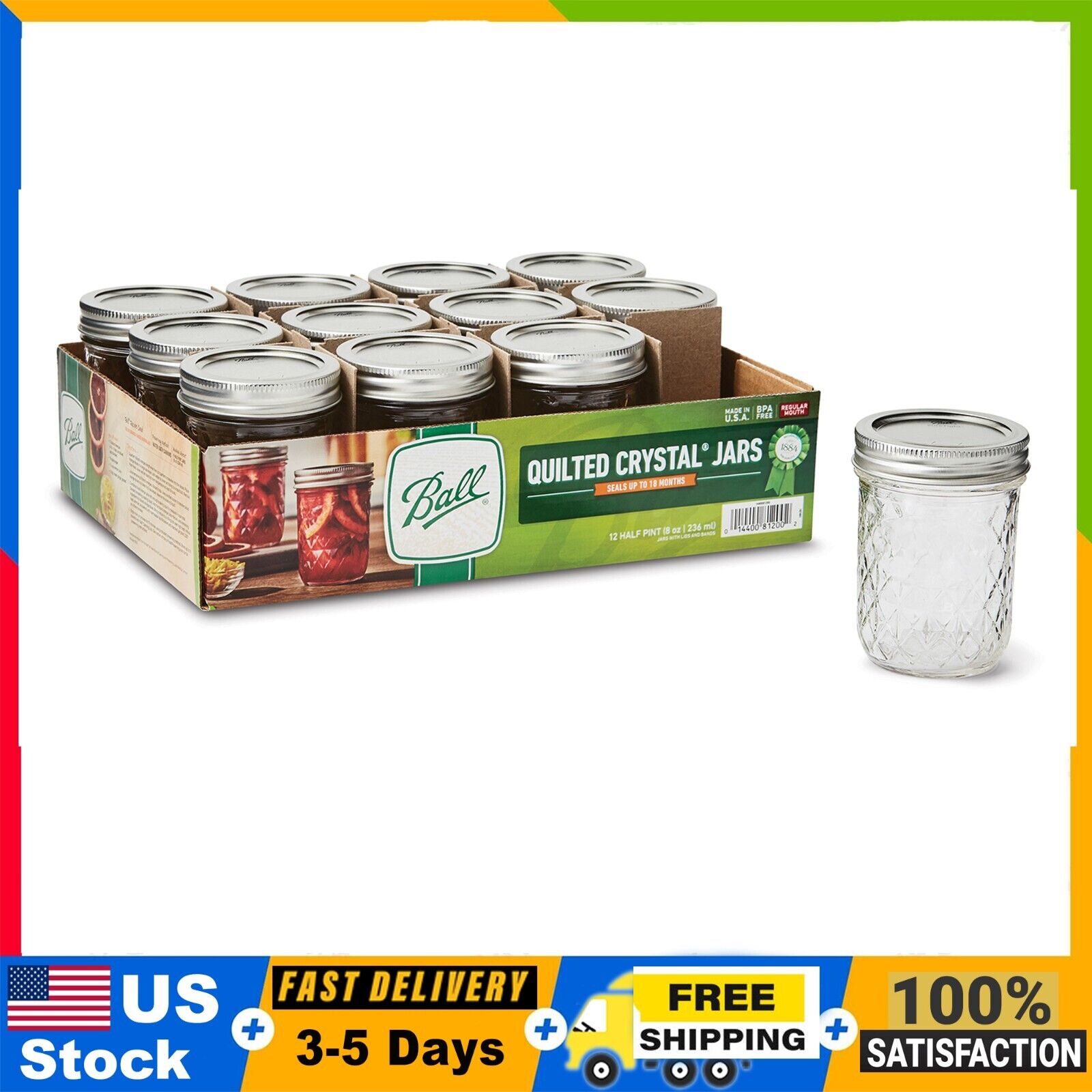 Ball Quilted Crystal Mason Jar w/ Lid & Band, Regular Mouth, 8 Ounces, 12 Count.
