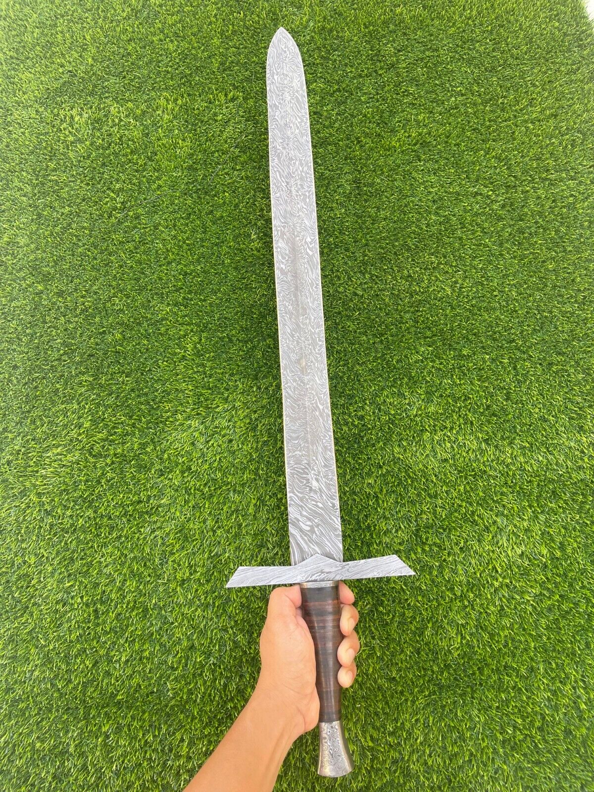 Handmade Damascus Steel Sword With Leather On Handle battle ready