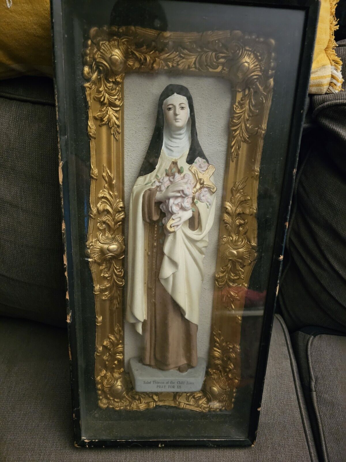 Antique  Religious Saint Teresa Incased in Glass Gold Ornate Wall Hanging Statue