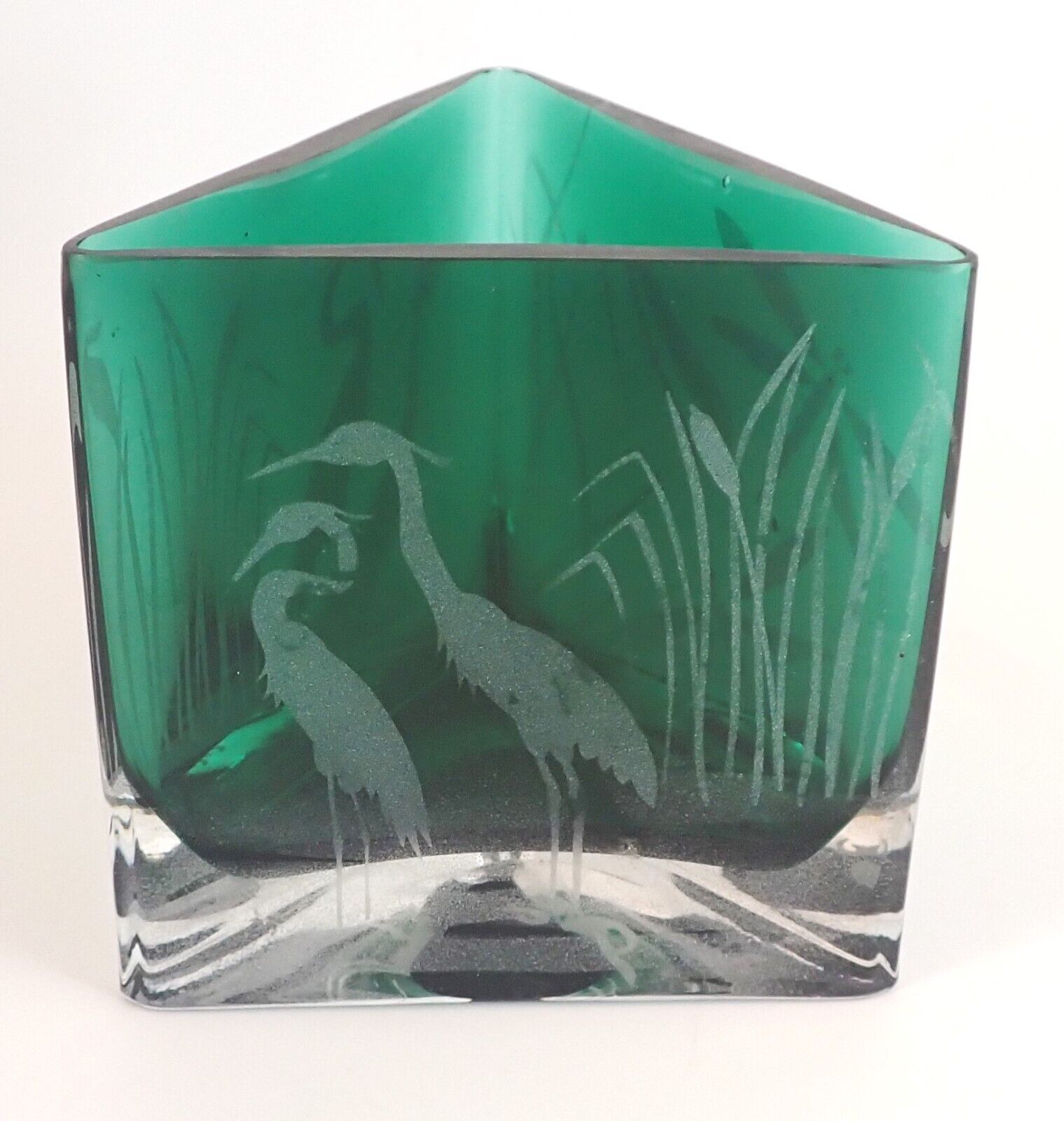 Stunning Triangular Etched Emerald Green Heron & Dragonfly Votive Candle Holder