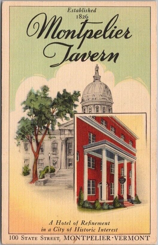 1946 Montpelier, Vermont Postcard MONTPELIER TAVERN Hotel / Teknitone Linen