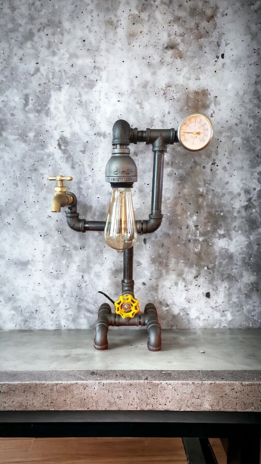 New rustic Industrial pipe style table with temp gauge, valve on/off switch