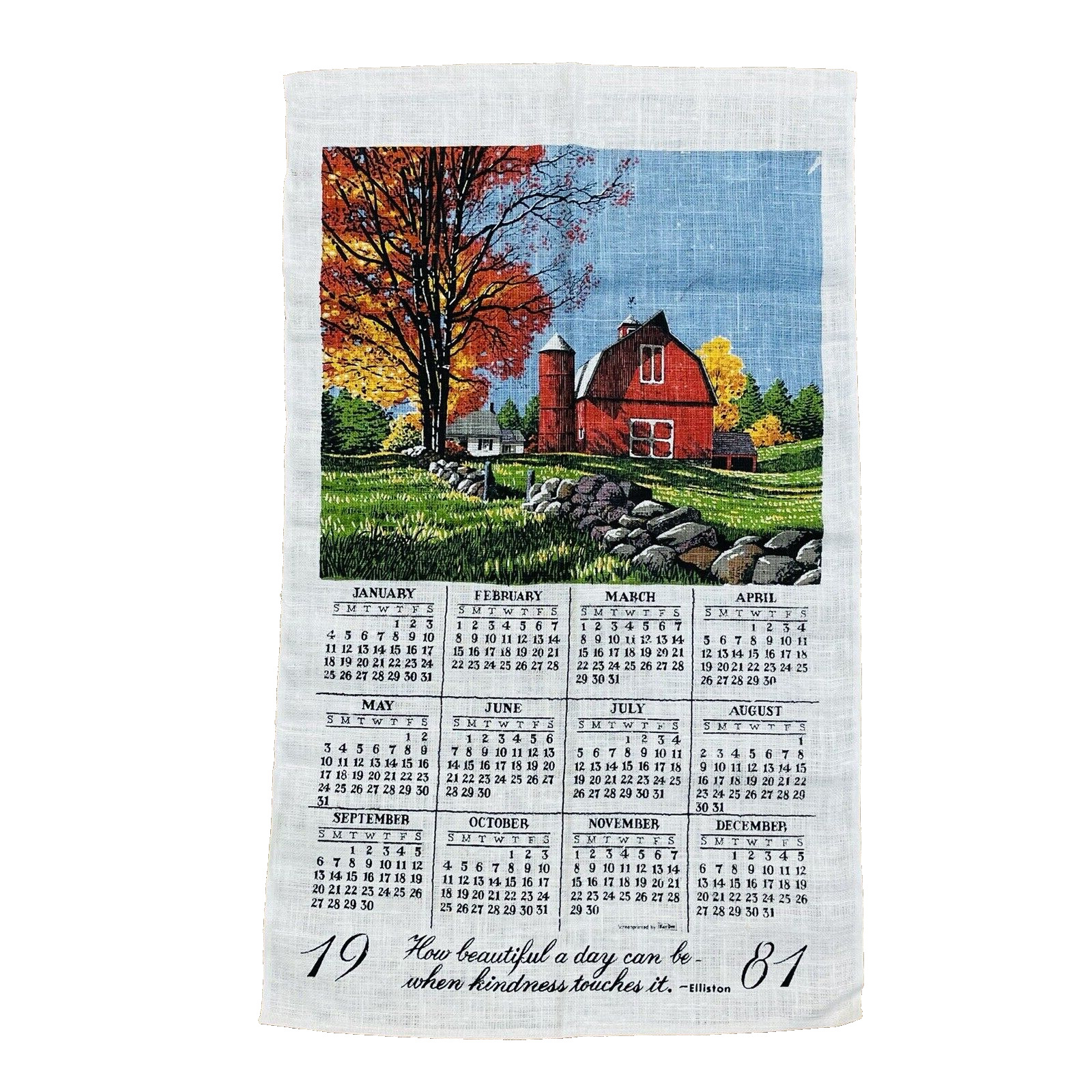 1981 Pure Linen Calendar Kitchen Towel Wall Hanging Red Barn Silo Autumn Farm