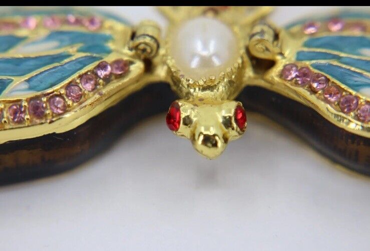 dragonfly trinket box double compartment enamel faux pearl colored rhinestones