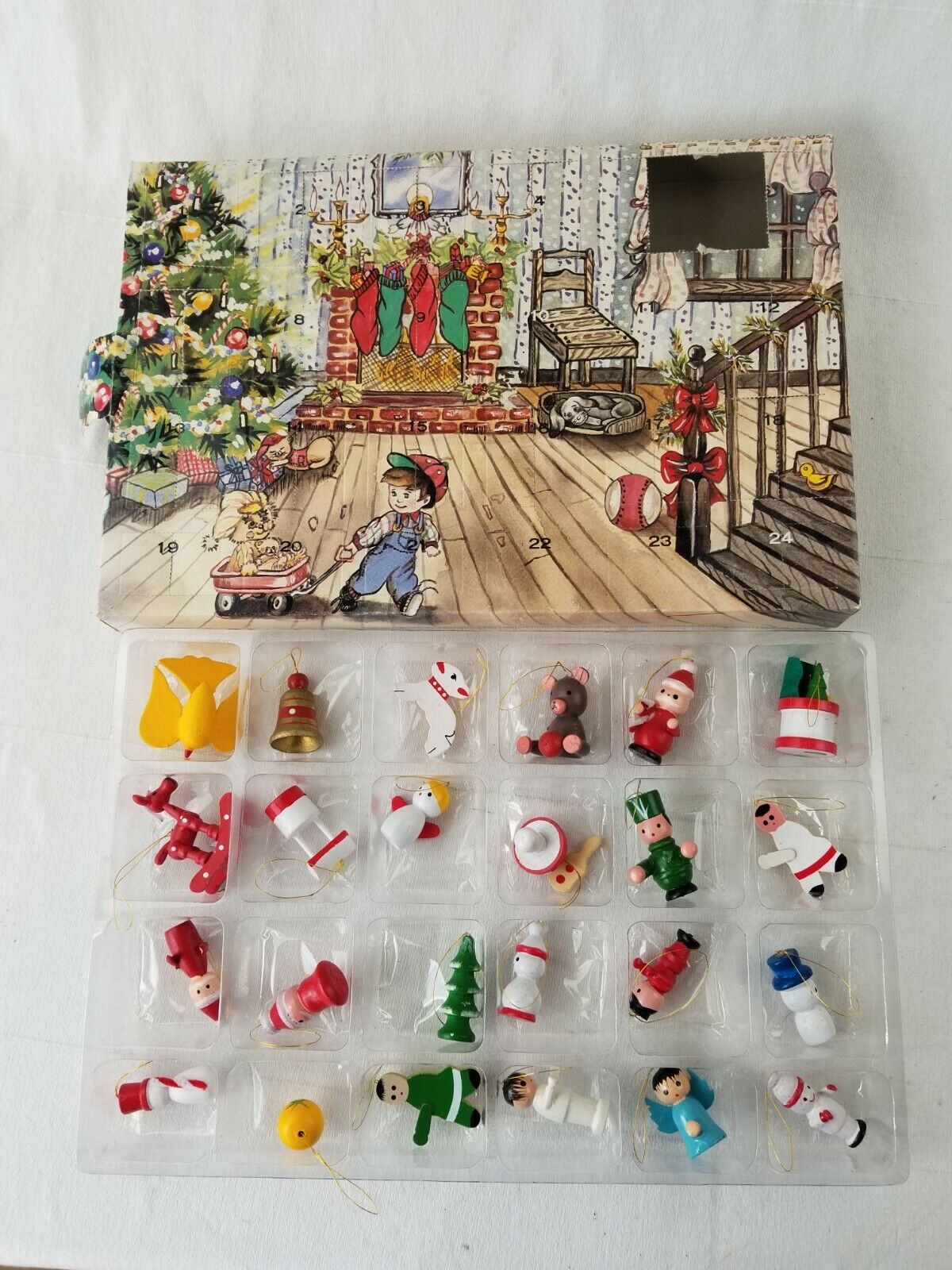 Vtg Emson ADVENT calendar with  Miniature Wood Hand Painted Christmas Ornaments