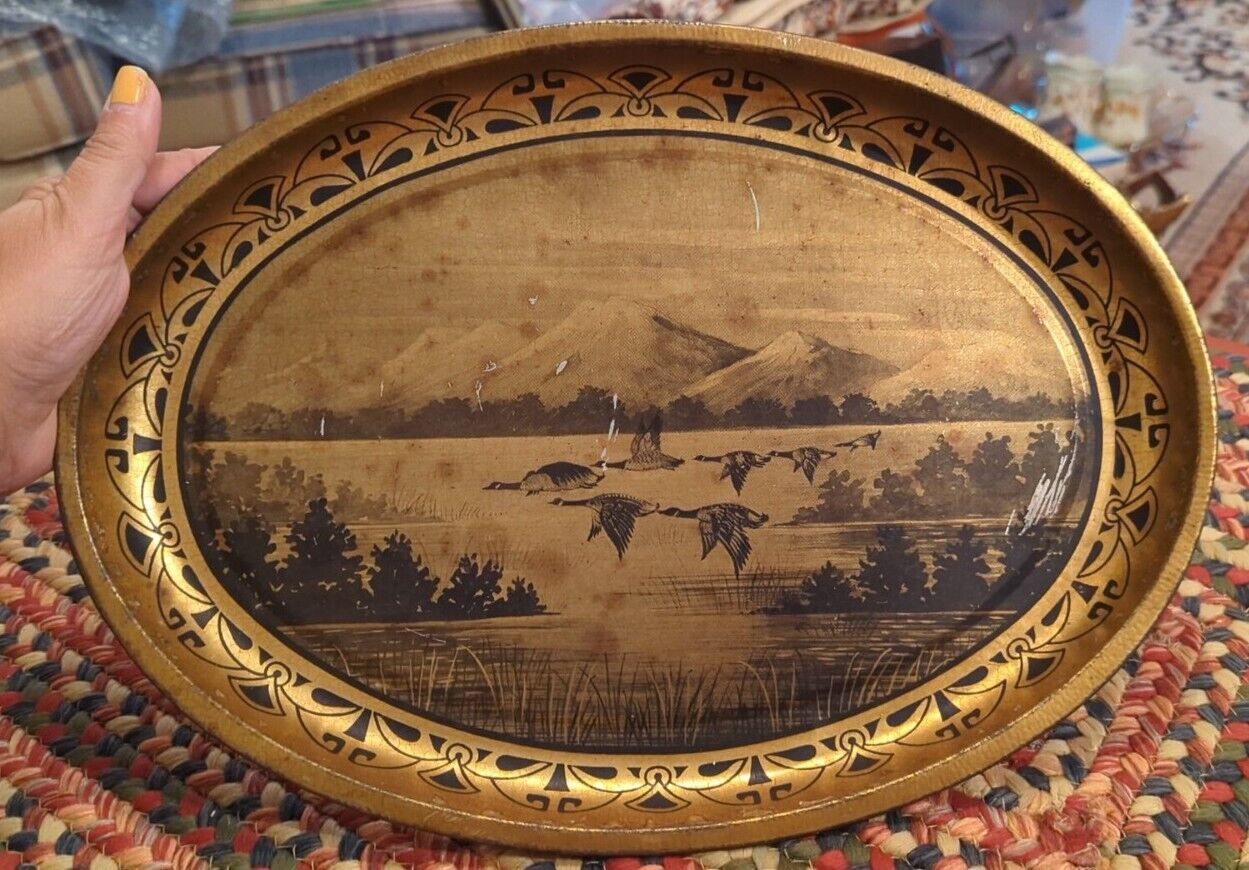 Vintage Gold Tone Tin Serving Tray Mountains Trees & Flying Birds Geese Nature 