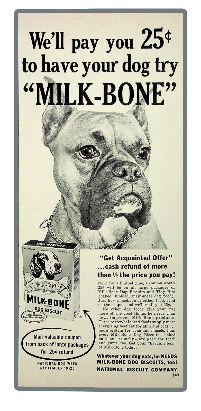 Milk-Bone dog treats Bulldog1954 Vintage Print Ad  illus art retro food