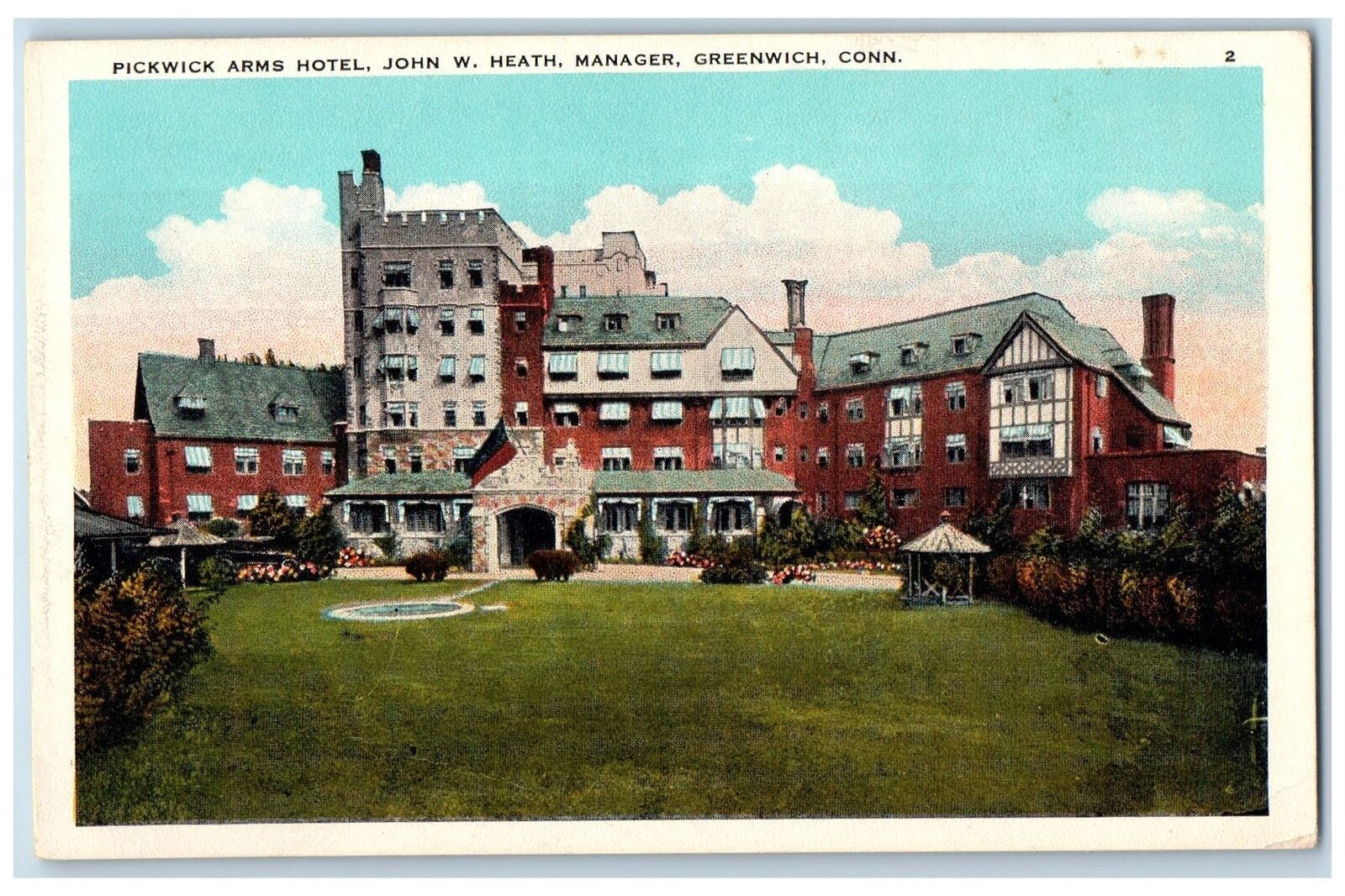 c1920's Pickwick Arms Hotel Front View Lawn Garden Greenwich Conn. CT Postcard
