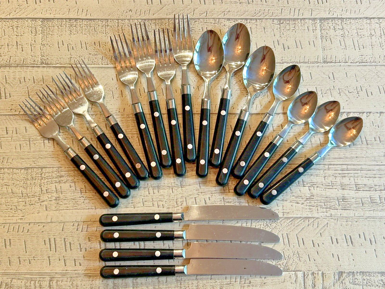 Vintage MCM Flatware Set 19 Service For 4 Stainless Taiwan Acrylic Handle Black