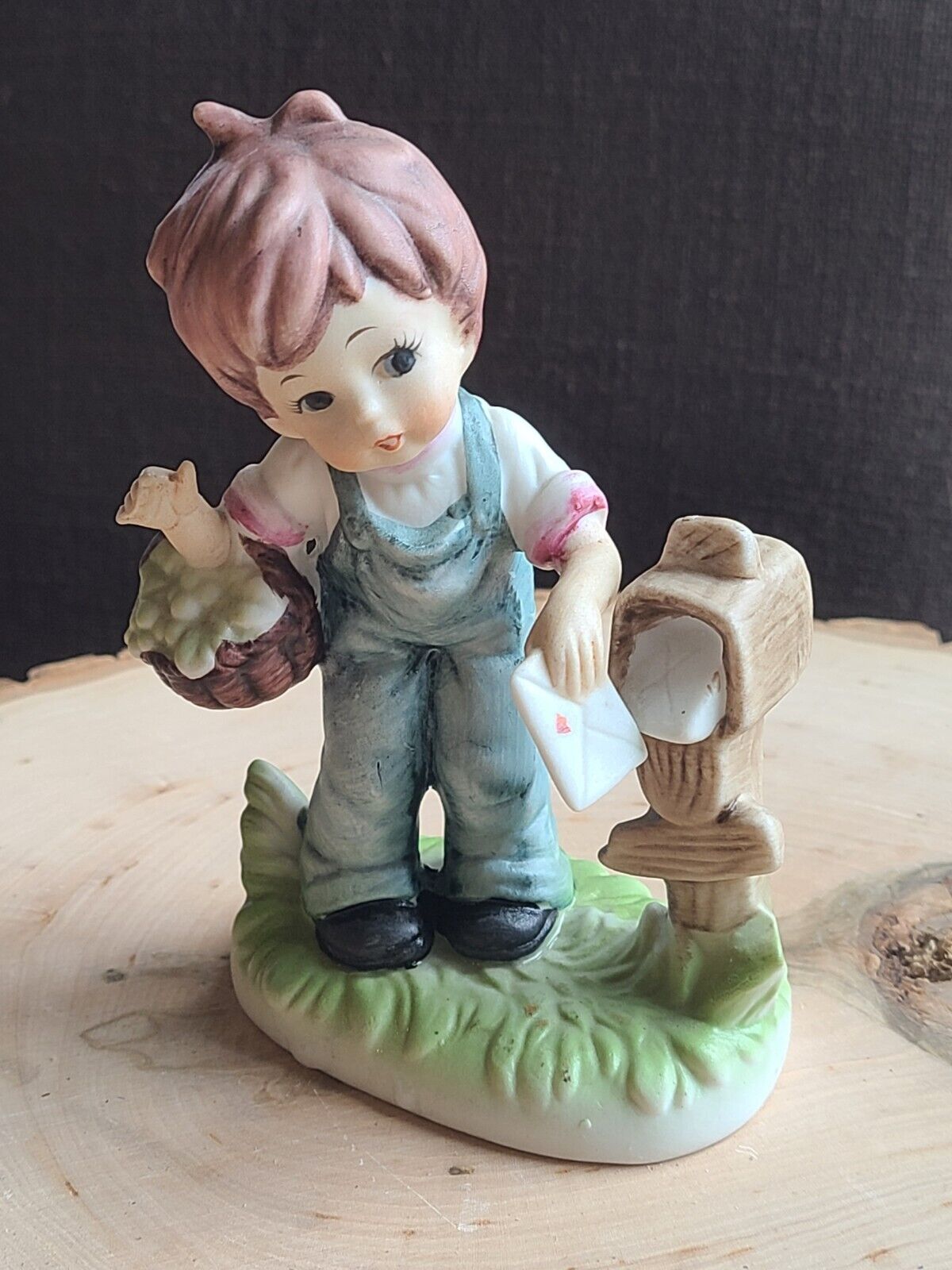 Vintage Boy with Letter and Mailbox figurine Overalls Basket Heart