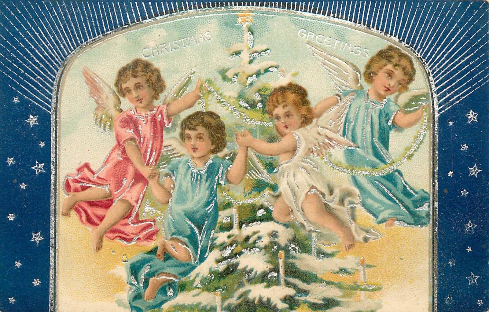 Embossed Tuck Electra Happy Christmas Postcard Series 4 Silver Gilt and Tree