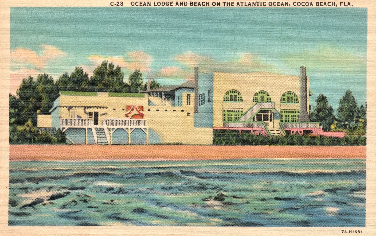 Vintage Postcard 1930\'s Lodge And Beach On The Atlantic Ocean Cocoa Beach FLA