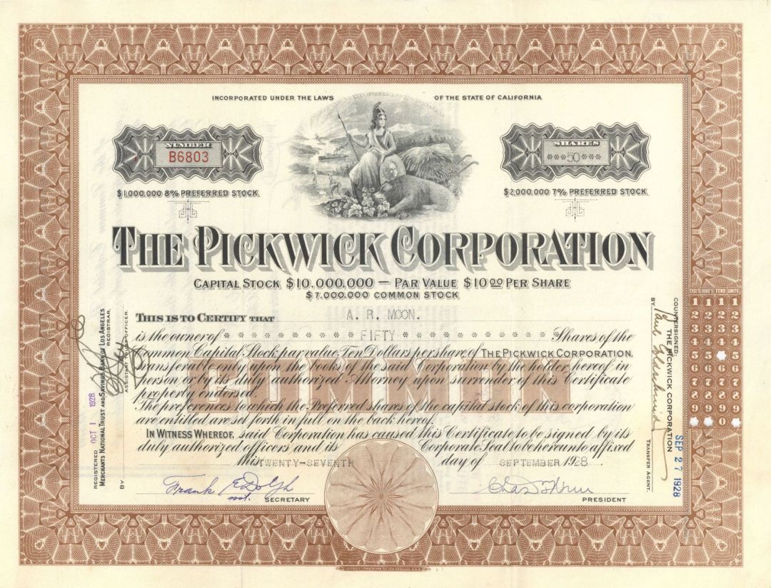 Pickwick Corp. - 1920's-30's Stock Certificate - General Stocks