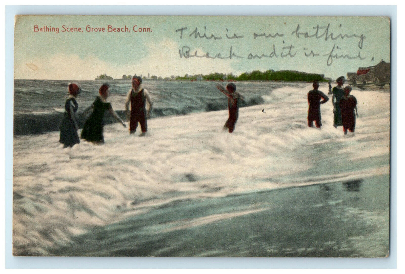 1912 Bathing Scene Grove Beach, Connecticut CT Antique Posted Postcard