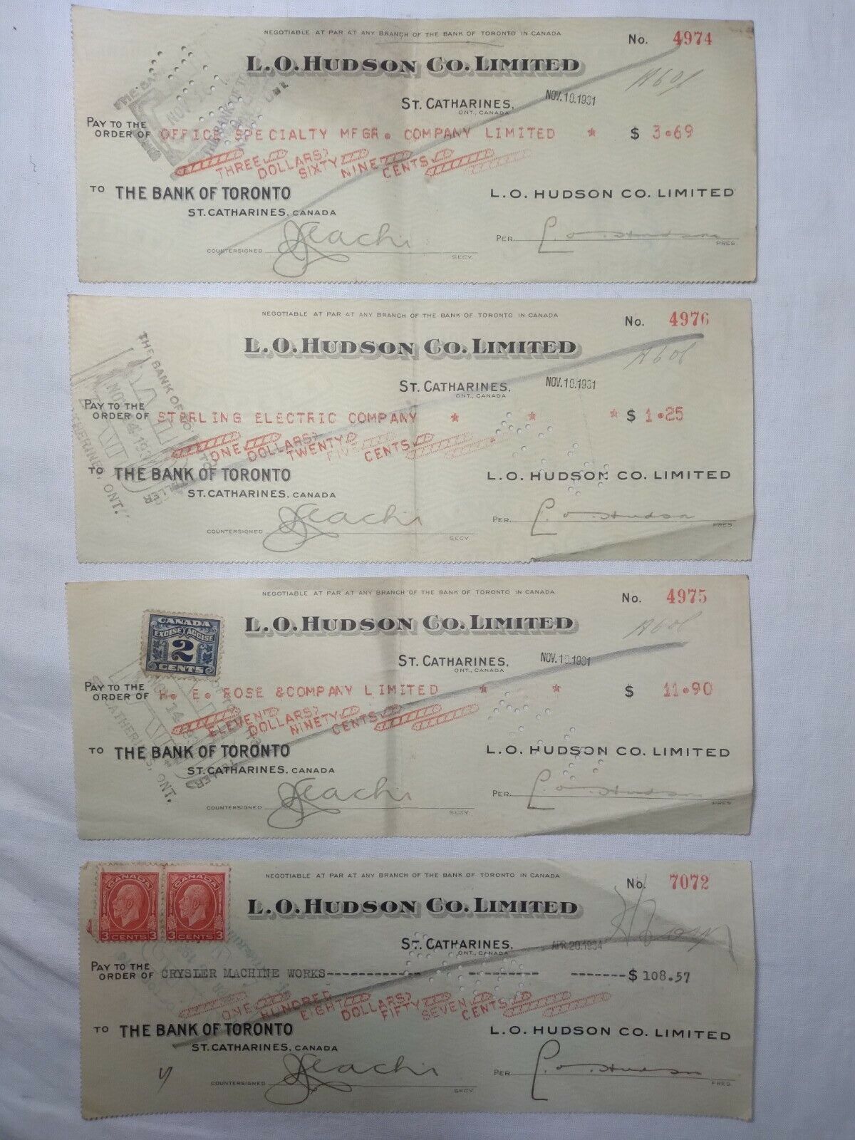 1931-1934 L.O. Hudson Co. Limited Cancelled Checks The Bank Of Toronto Lot Of 4