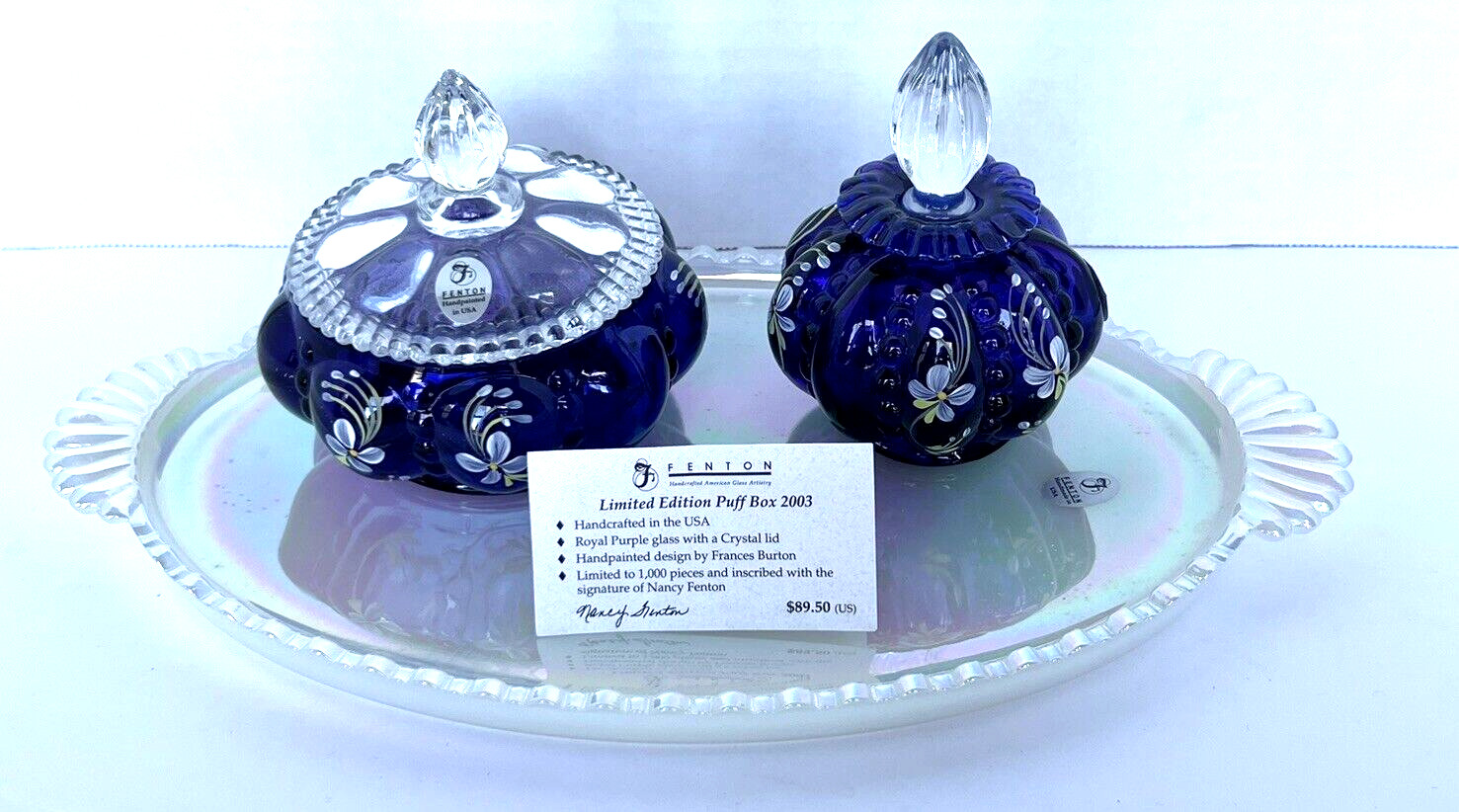 Fenton Vanity Set Royal Purple Beaded Melon Floral Hand Painted Limited Edition