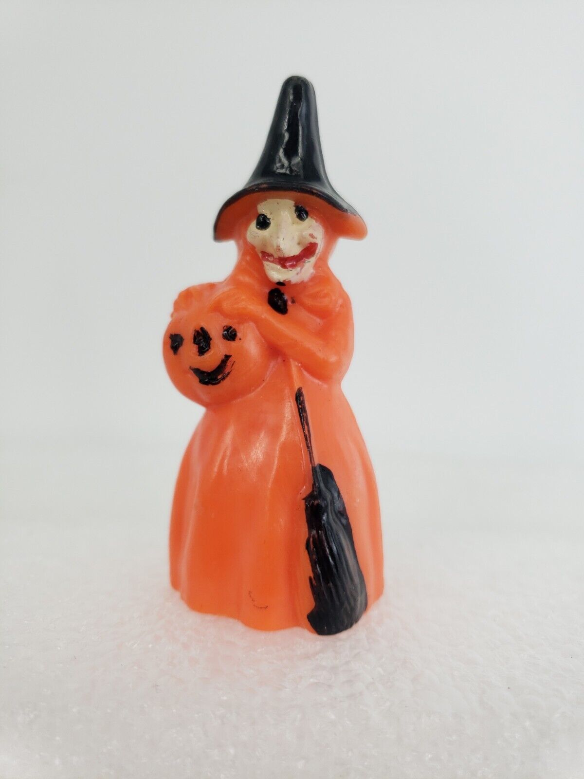 Vintage 1950 Hard Plastic Orange & Black Witch Halloween Cake Topper 3” Tall