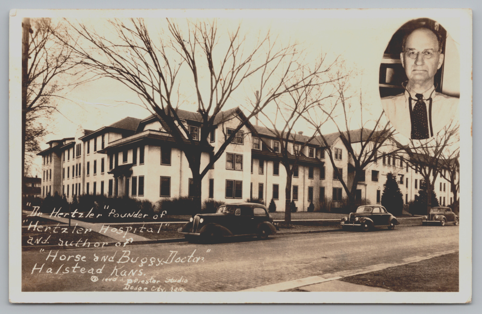 Postcard RPCC, Dr Hertzler, Hertzler Hospital, Halstead, KS, Vintage Cars