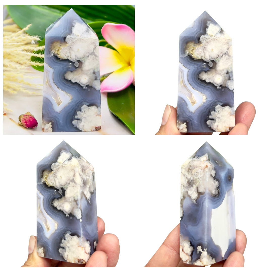 Blue Flower Agate Tower Point Healing Crystal Generator 131g