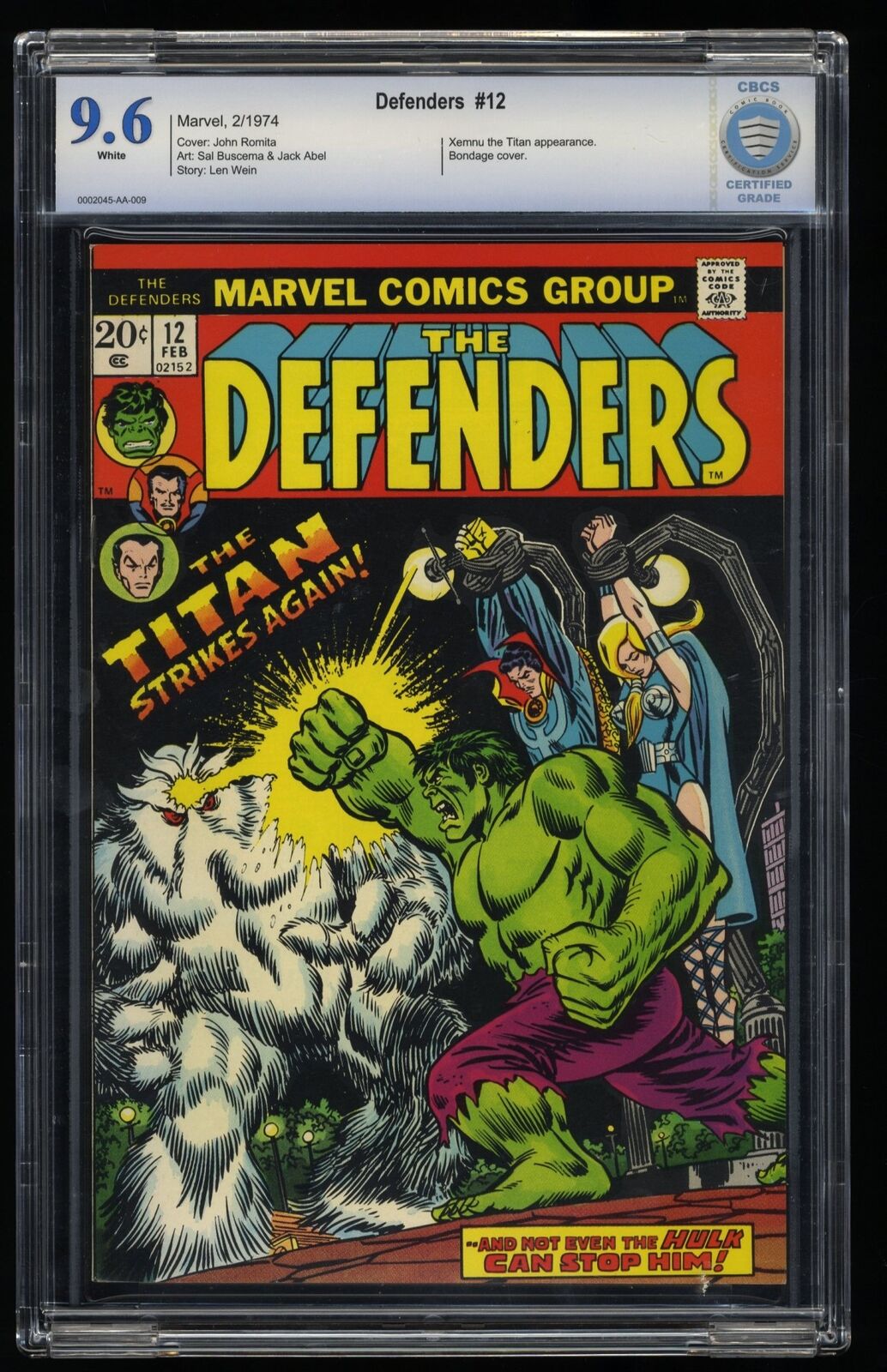 Defenders #12 CBCS NM+ 9.6 White Pages Xemnu Appearance Marvel 1974