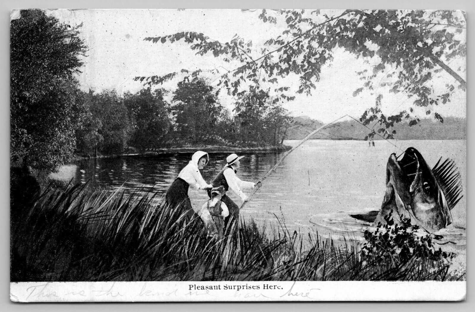 Exaggeration Man Hooks Giant Fish Pleasant Surprises Here Vintage Postcard