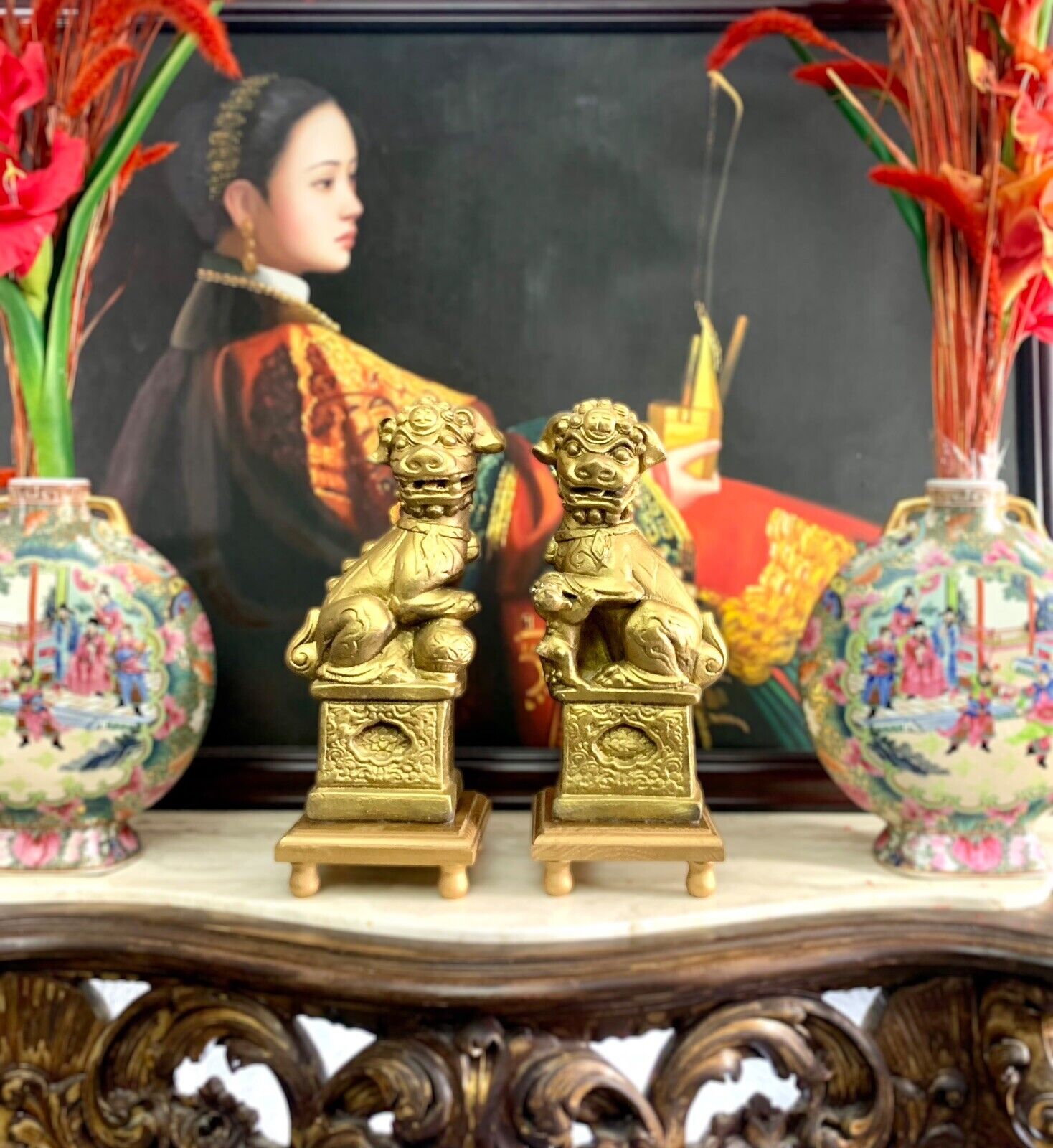 Foo Dog Figurine Pair Gardian Lion Plaster Statues Vintage Oriental Decor