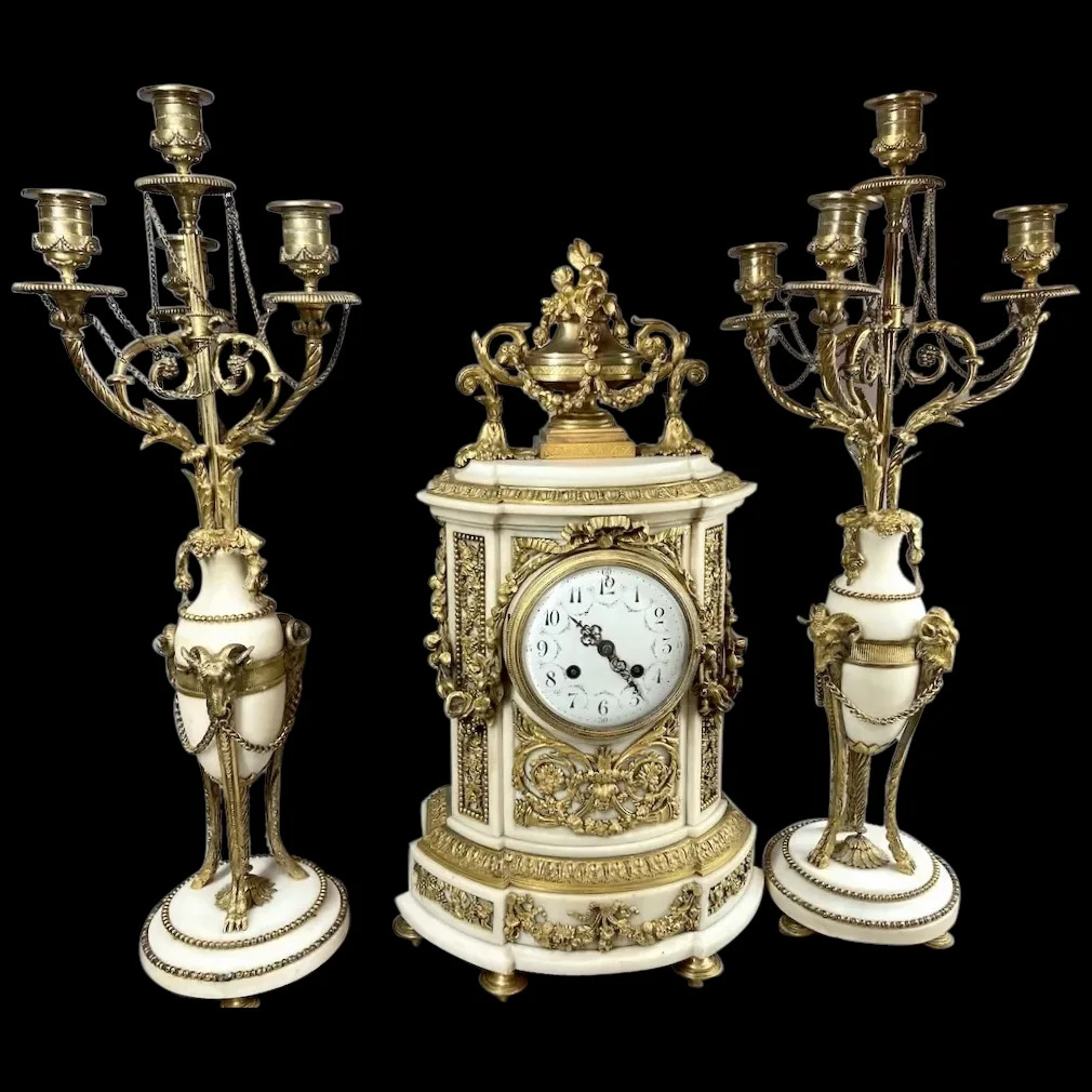 Exquisite French Louis XVI Marble and Bronze Chimney Clock Set, Mid-19th Century