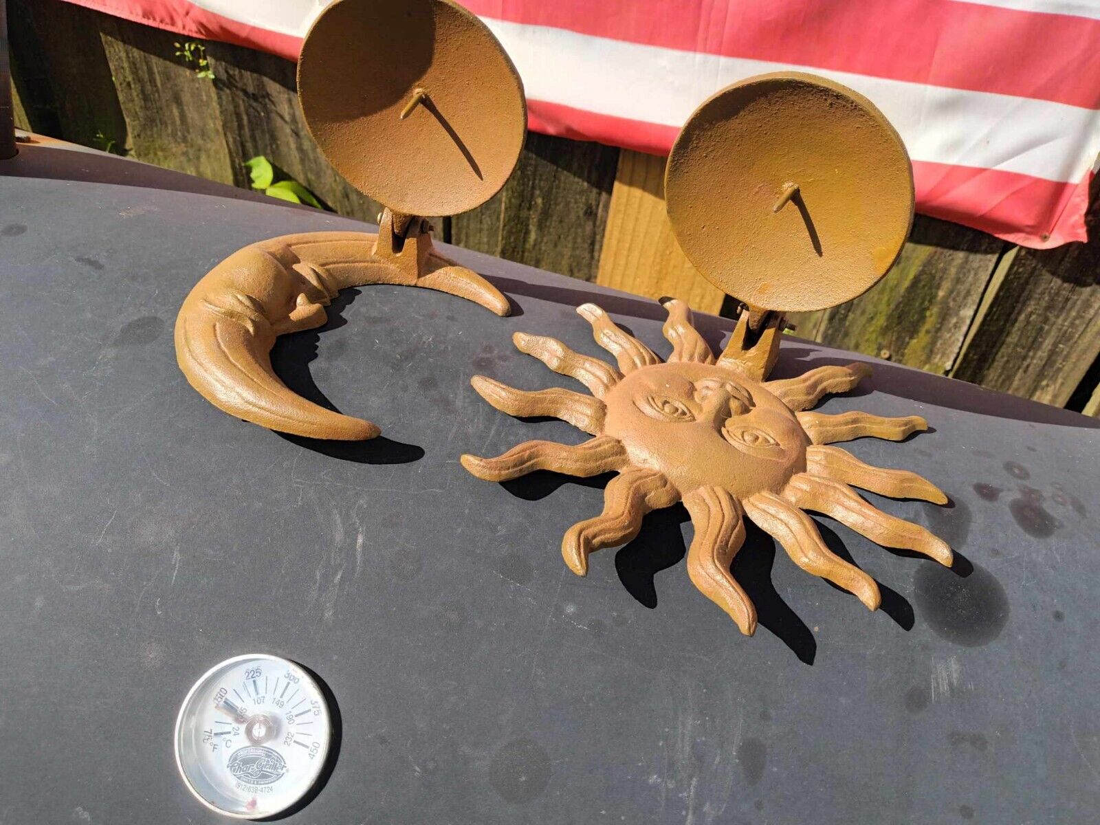 Vintage Cast Iron Celestial Sun & Moon Wall Candle Holders with Spike