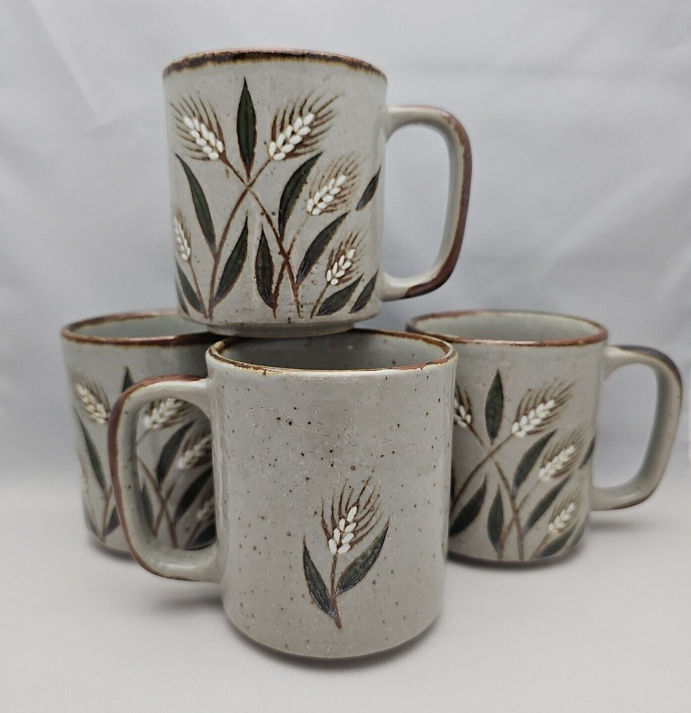 Speckled Stoneware Coffee Mugs sett 4 Vintage Wheat Motif Boho Prairie Farmhouse